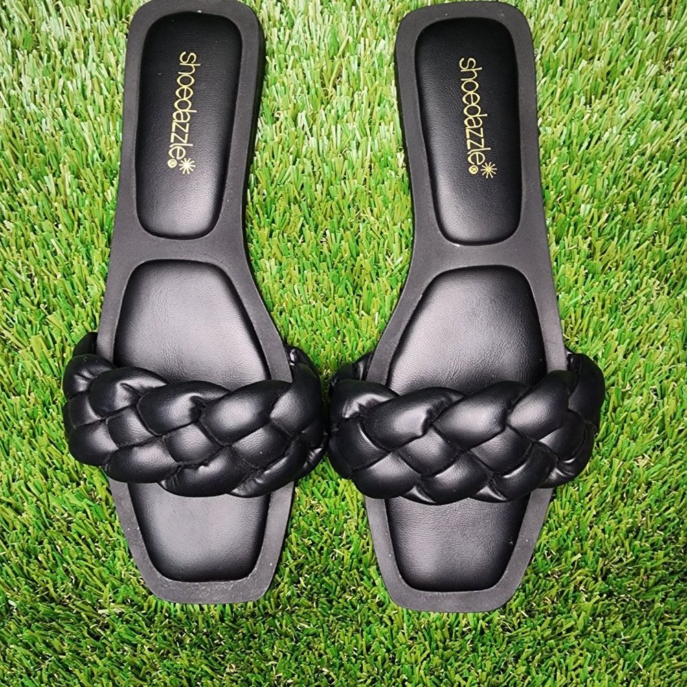 SHOE DAZZLE | Luxury Brand Inspired Black Faux Leather Flats Sandals - Picture 4 of 4